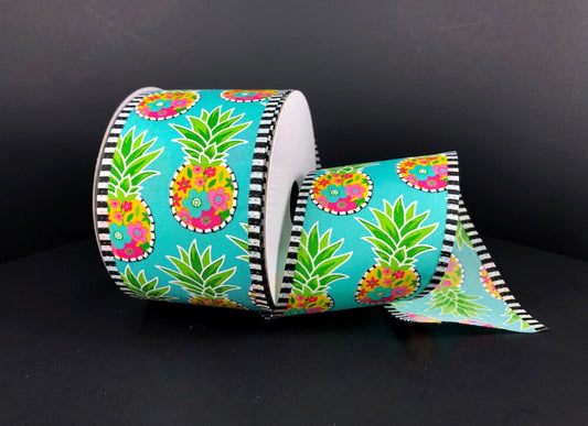 10 Yards - 2.5” Wired Funky Pineapple Ribbon with Black and White Stripe Edge