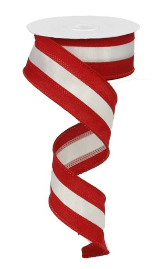 10 Yards - 1.5” Wired Red and White Stripe Satin Ribbon