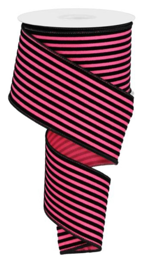 10 Yards - 2.5” Wired Hot Pink and Black Vertical Thin Stripe Ribbon