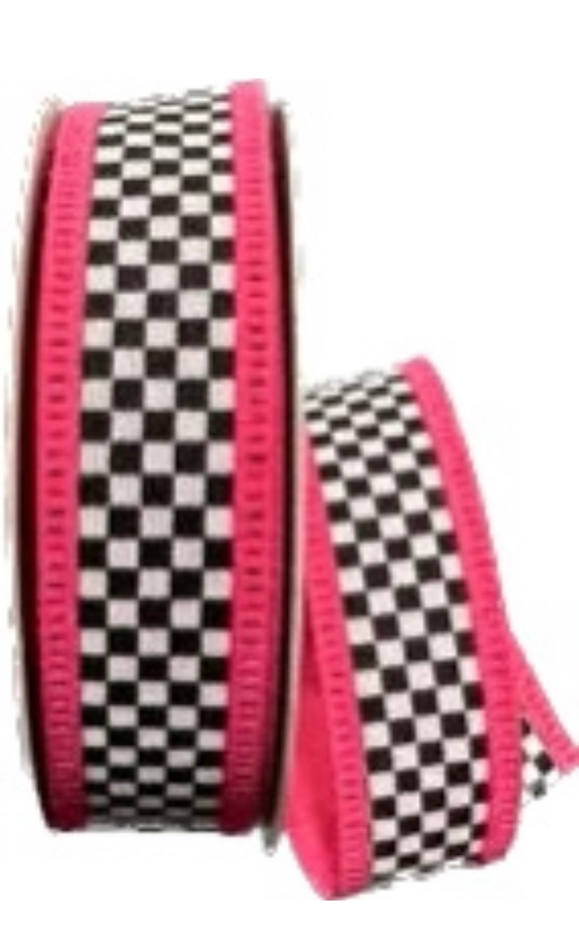 Wired Black and White Check Pink Trim Ribbon- 1.5”x10 Yards