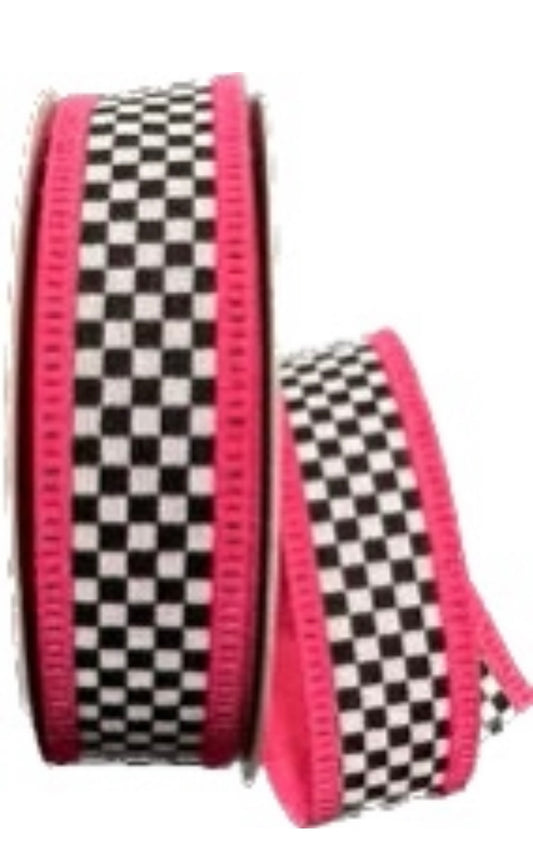 Wired Black and White Check Pink Trim Ribbon- 1.5”x10 Yards