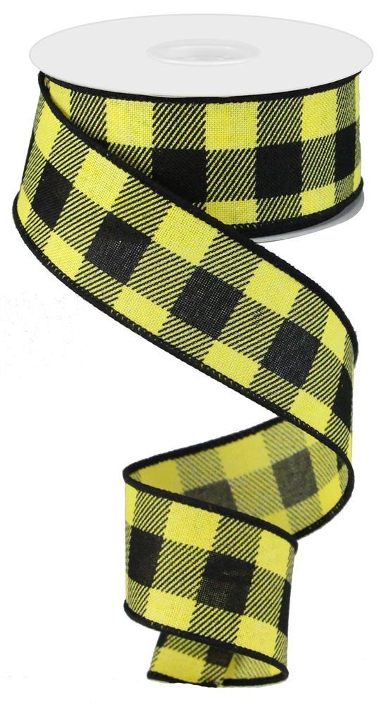 10 Yards - 1.5” Wired Black and Yellow Check Ribbon