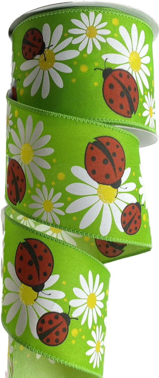 10 Yards - 2.5" Wired Ladybug and Daisy Lime Green Background Ribbon