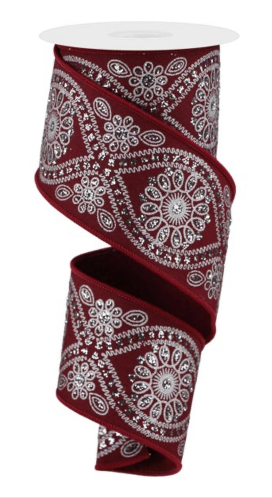 10 Yards - 2.5” Wired Wine Red and Silver Deluxe Wavy Floral Ribbon