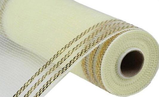 Cream with Gold Foil Border Stripe Mesh- 10”x10 Yards