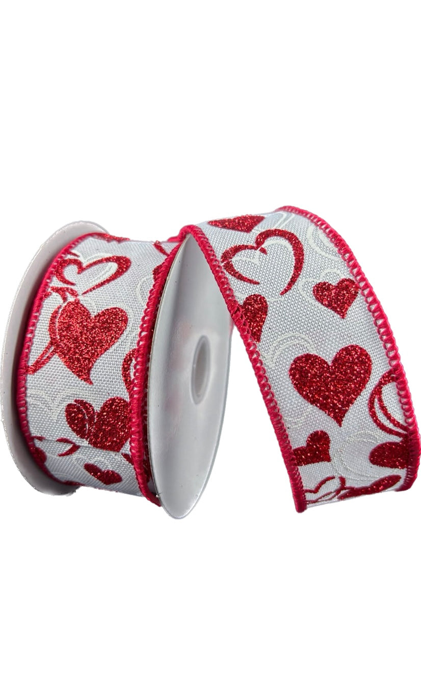 Wired White Linen Red Hearts Valentines Day Ribbon- 1.5”x10 Yards