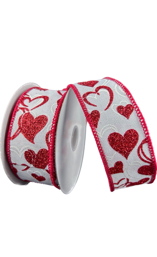 Wired White Linen Red Hearts Valentines Day Ribbon- 1.5”x10 Yards