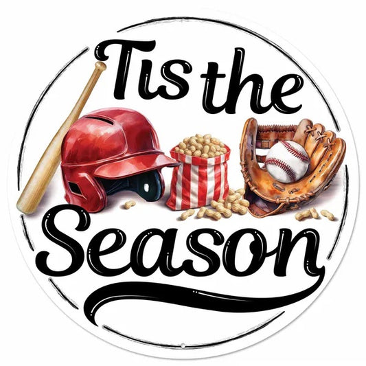 12” Round Metal Tis The Season Baseball Wreath Sign