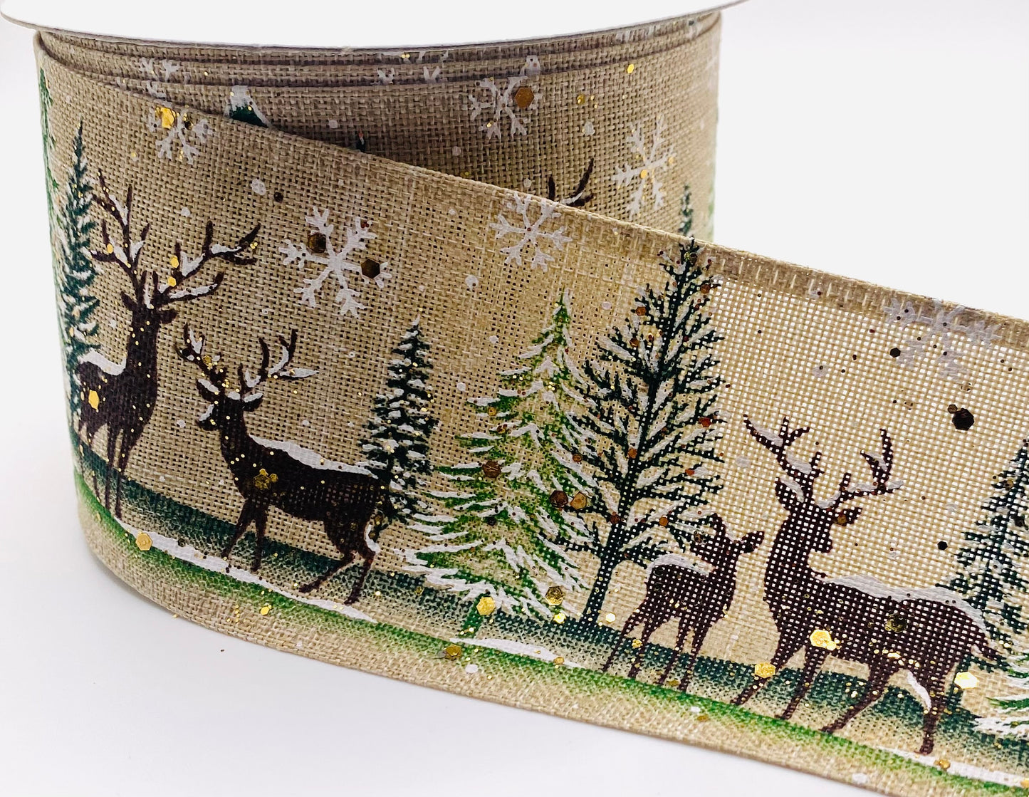 10 Yards - 2.5” Wired Light Natural Linen Deer and Trees in Snowy Landscape Ribbon