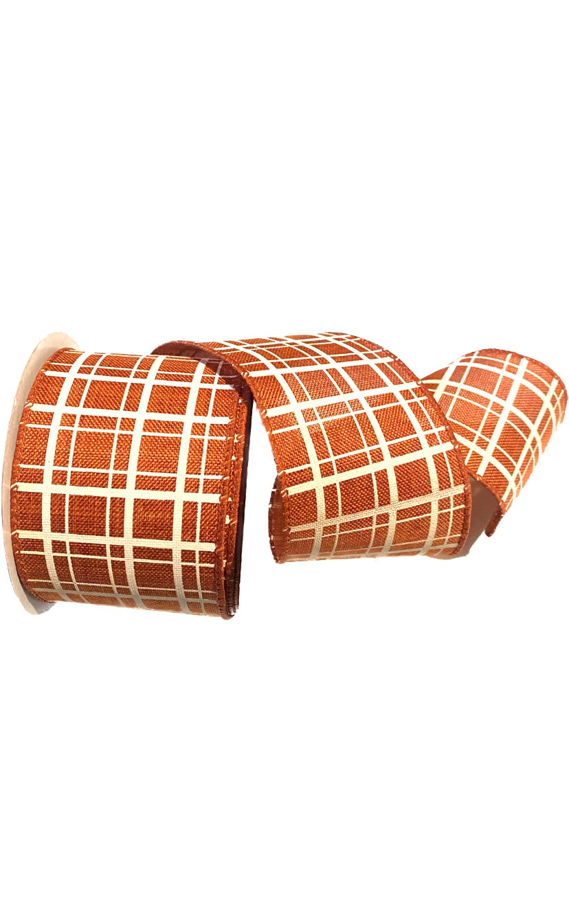 Wired Burnt Orange and Cream Check Ribbon- 2.5”x10 Yards