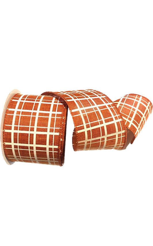 Wired Burnt Orange and Cream Check Ribbon- 2.5”x10 Yards