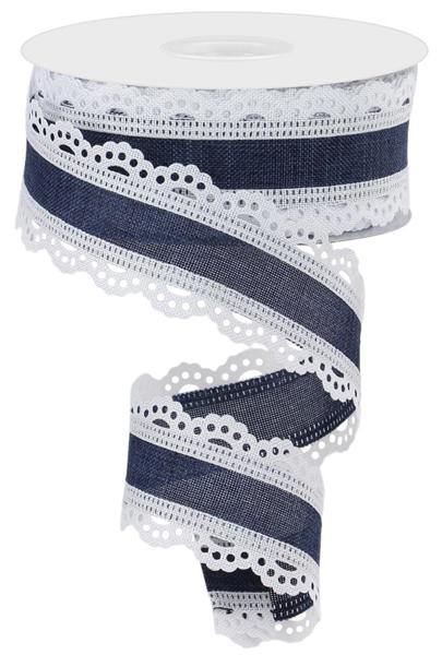 10 Yards - 1.5" Wired Denim Blue Background with Lace Edge Ribbon