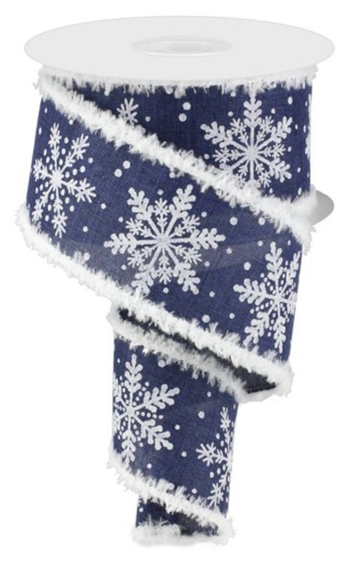 10 Yards - 2.5" Wired Blue with Glitter Snowflake Snowdrift Edge Ribbon