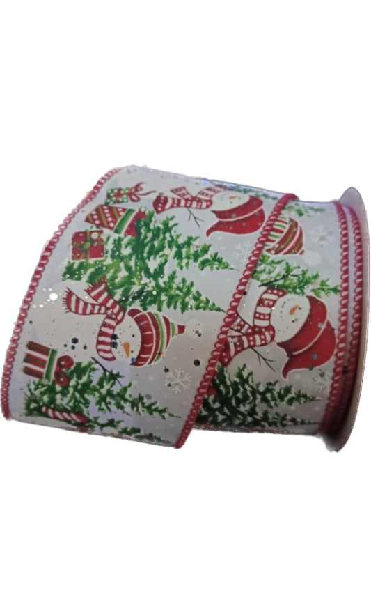Wired Winter Snowman Scene on White Ribbon-2.5”x10 Yards