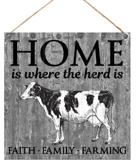 10” Square Home is Where the Herd is Cow Wreath Sign