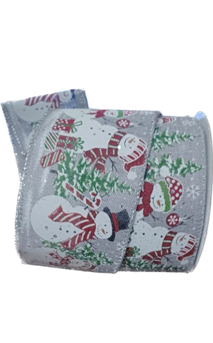 Wired Winter Snowman Scene on Gray Ribbon-2.5”x10 Yards