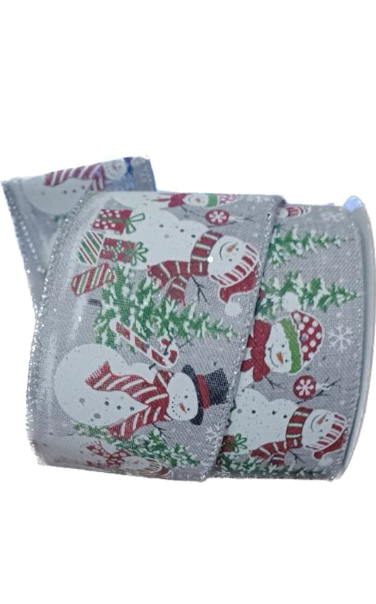 Wired Winter Snowman Scene on Gray Ribbon-2.5”x10 Yards