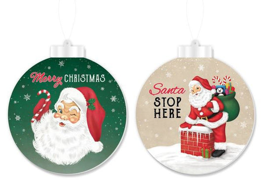 5.5” H- 2 Set Double Sided Cardinal Merry Christmas and Santa Stop Here Ornament Signs