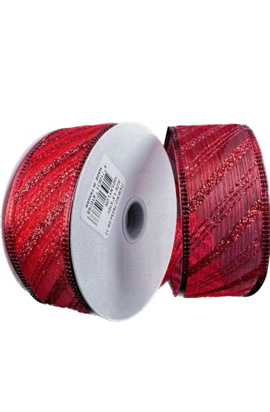 Wired Red Sheer Red Glitter Diagonal Stripe Ribbon-1.5”x10 Yards