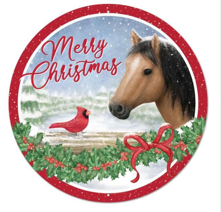 12” Round Metal Merry Christmas Horse Wreath Sign