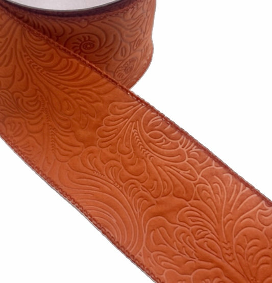 10 Yards - 2.5” Wired Rust Orange Floral Embossed Ribbon