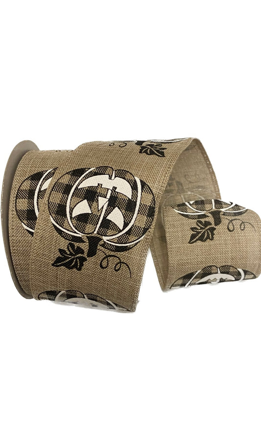 Wired Natural with Black and White Gingham Pumpkins Halloween Ribbon-2.5”x 10 Yards