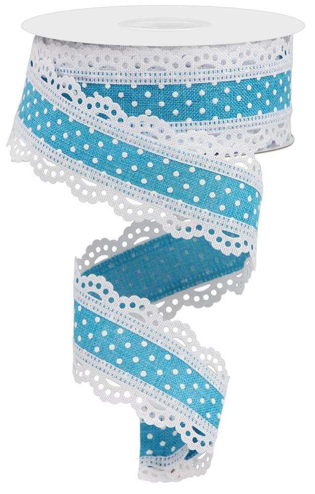 10 Yards - 1.5” Wired Turquoise and White Swiss Dot Ribbon with Lace Edge