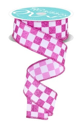 Wired Hot Pink and White Print Glitter Check Ribbon- 1.5”x10 Yards