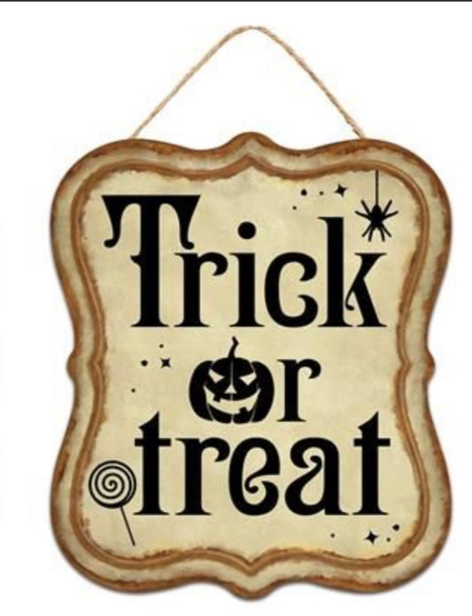7"Lx6"H Tin Matte Trick or Treat Halloween Wreath Signs