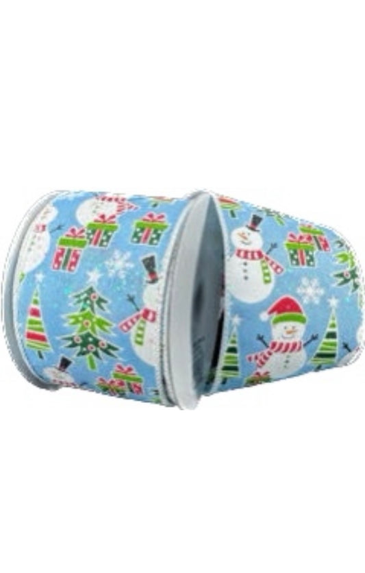 Wired Blue Background Snowman  Frolicking Ribbon- 2.5”x10 Yards