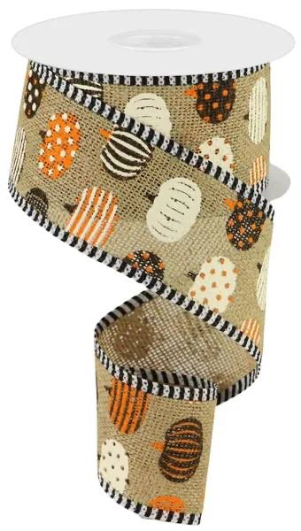 Wired Burlap Pumpkin Ribbon with Black and White Stripe Border - Fall Ribbon - Halloween Ribbon-2.5”x10 Yards
