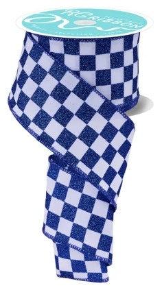 Wired White and Blue Print Glitter Check Ribbon- 2.5”x10 Yards