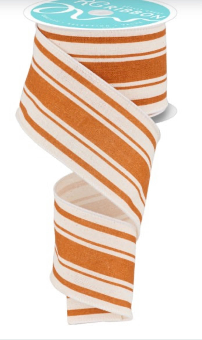 Ivory and Burnt Orange Farmhouse Stripe Ribbon- 2.5”x10 Yards