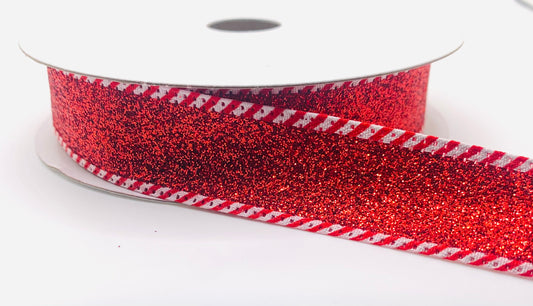 10 Yards - 7/8” Wired Red Satin Candy Cane Edge Glitter Ribbon