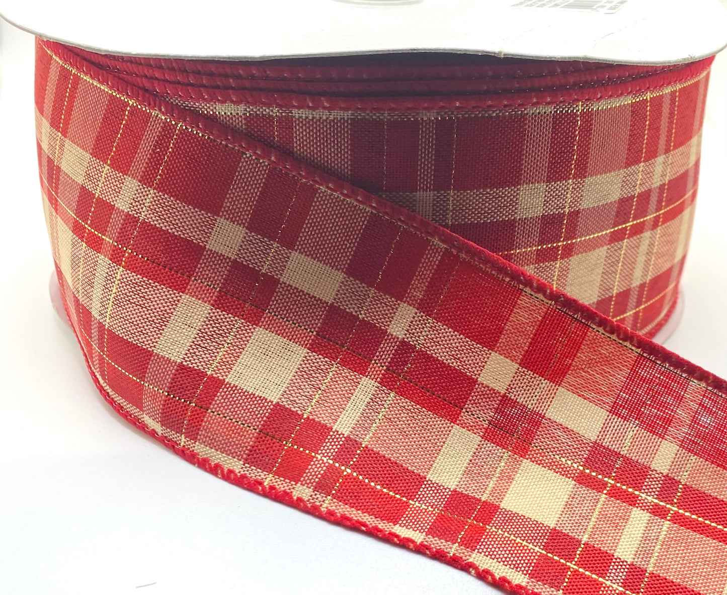 50 Yards - 2.5” Red and Cream with Gold Accent Plaid Christmas Ribbon