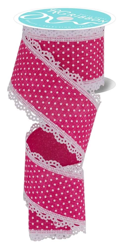 Wired Fuchsia and White Swiss Dot Ribbon with White Lace Edge-2.5”x10 Yards