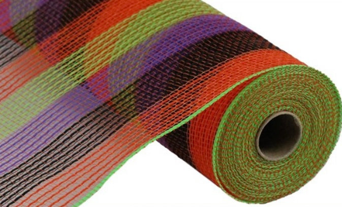 10.5” x 10 Yards Orange, Black, Purple and Green Stripe Fabric Mesh