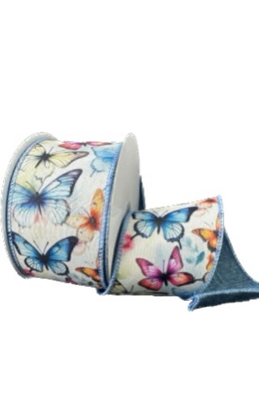Wired Double Sided Antique Watercolor Butterflies- Denim Linen Back Ribbon- 2.5”x10 Yards