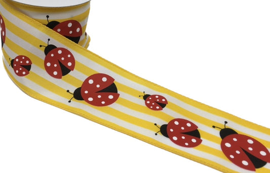 10 Yards - 2.5" Wired White and Yellow Stripe Background Ladybug Ribbon