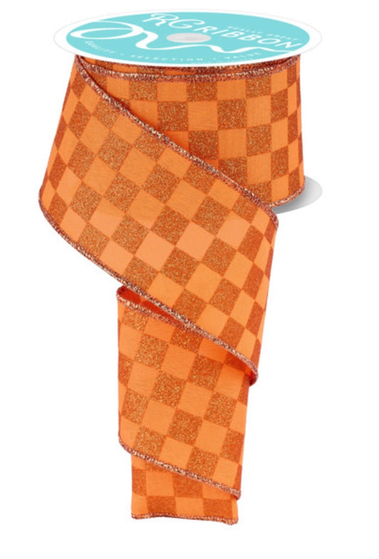 Wired Orange Print Glitter Check Ribbon- 2.5”x10 Yards