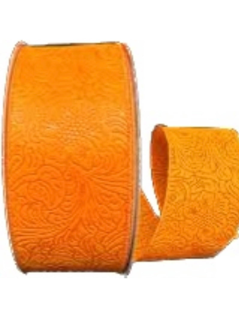 10 Yards - 2.5" Wired Orange Floral Design Embossed Ribbon