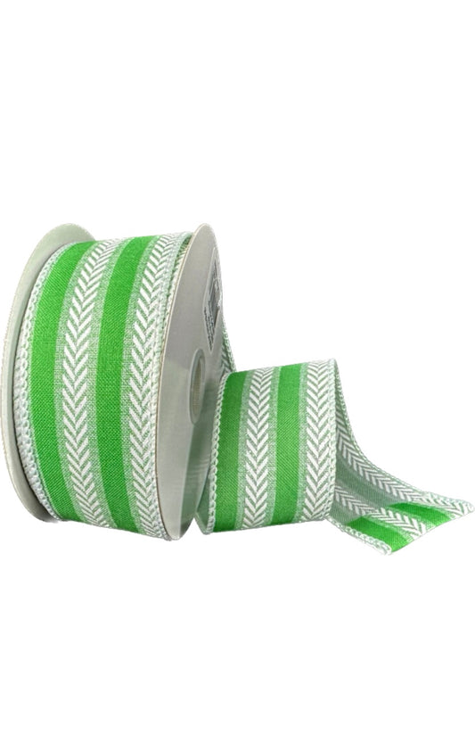 10 Yards - 1.5” Wired Green and White Iridescent Herringbone Ribbon
