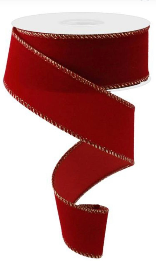 Wired Red Velvet Gold Trim Ribbon- 1.5”x10 Yards