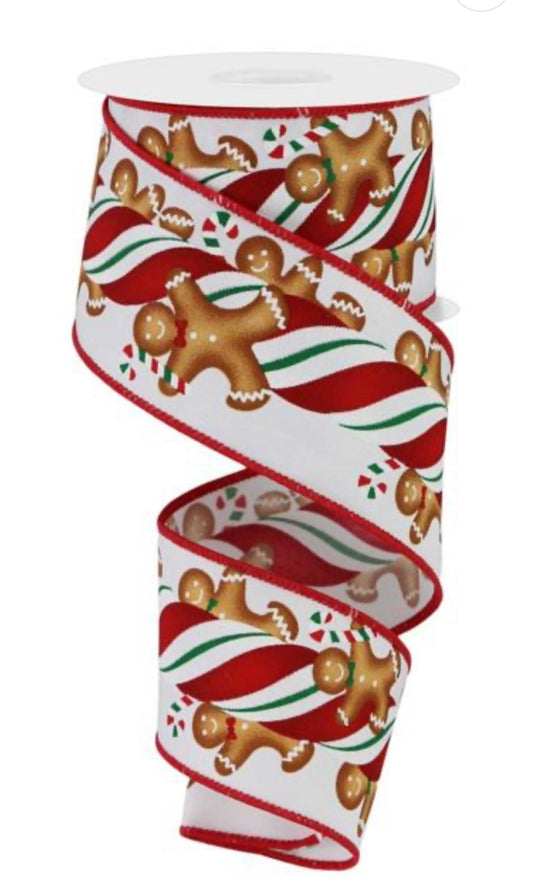 10 Yards - 2.5" Wired Gingerbread Cookie Candy Cane Ribbon