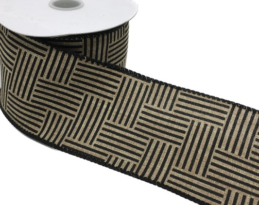 10 Yards - 2.5" Natural with Short Vertical and Horizontal Black Stripes Patterned Ribbon - Everyday Ribbon