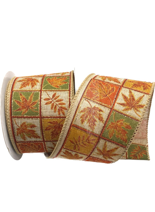 Wired Fall Leaves Patchwork Ribbon- 2.5”x10 Yards