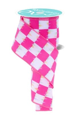 Wired White and Pink Print Vintage Check Ribbon- 2.5”x10 Yards