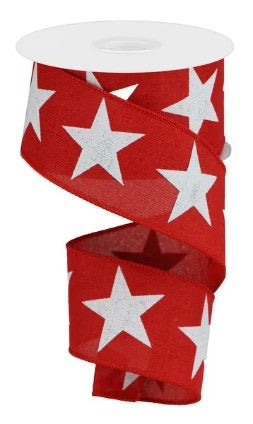 Wired Red Patriotic White Glitter Stars Ribbon-2.5”x 10 Yards