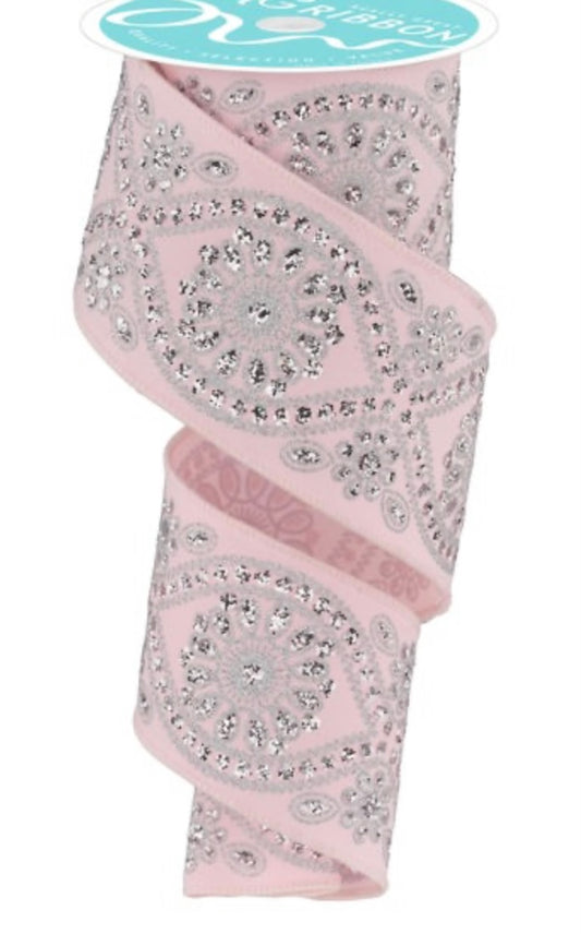 10 Yards - 2.5” Wired Pink and Silver Deluxe Wavy Floral Ribbon