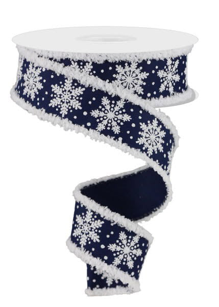 Wired Navy and White Winter Snowflake Ribbon with Snowdrift Edge- 1.5”x10 Yards